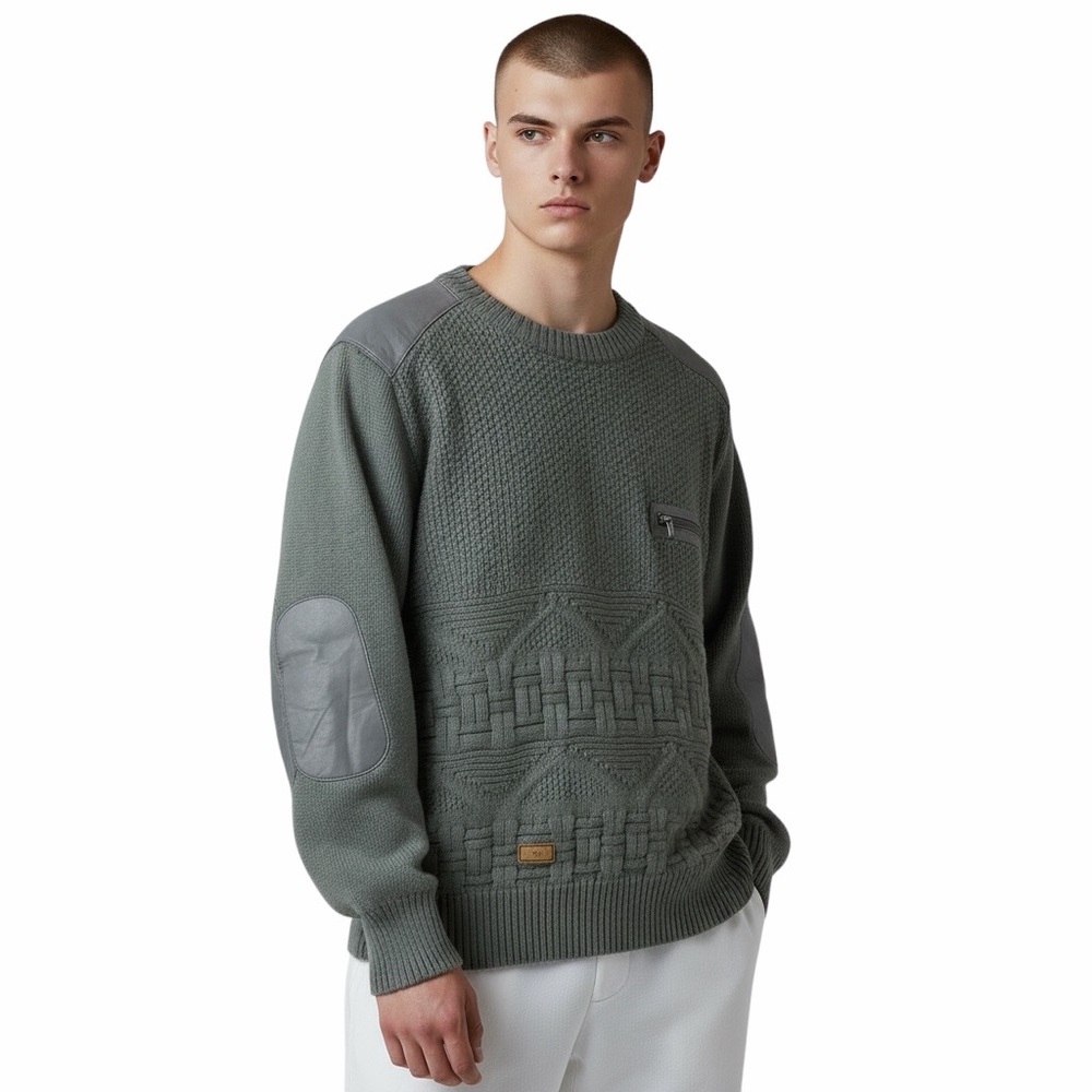 Vintage Y2K Wool Blend Gray Multi-Knit Sweater w/ Leather Elbow Patches Size‎ XL